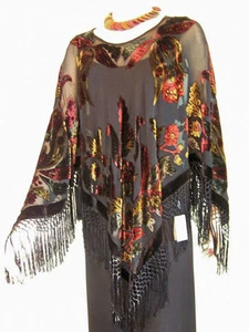 Maya Matazaro Silk Poncho Shawl Top Bohemian Burnout Velvet Made in USA - Picture 1 of 7