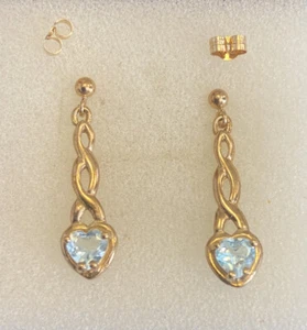 9ct yellow gold Blue Topaz Love Heart Dangle Drop Stud Earrings +Butterfly Back - Picture 1 of 12