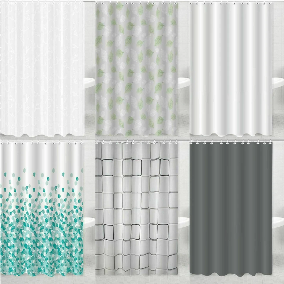 New Waterproof Shower Curtains Modern Designs Printed & Plain With 12 Hook Set