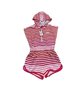 Hunter for Target Girl's Hooded Short Sleeve Romper - Pink/Red Stripes, S (6/6X) - Picture 1 of 2