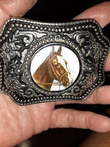 Rodeo Horse Silver Belt Buckle painted 4 in x 3 in - Picture 1 of 5