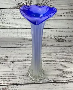 Art Glass Blown Vase Jack in the Pulpit Blue White Clear Ribbed 12” 🌸 - Picture 1 of 4