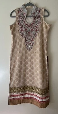 Vestido indio paquistaní Salwar Kameez dorado/beige elegante traje tradicional Foto 1 de 4