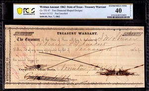 1862 $600 STATE OF TEXAS TREASURY WARRANT NOTE CR-47 PCGS B XF EF 40 NET - Picture 1 of 2