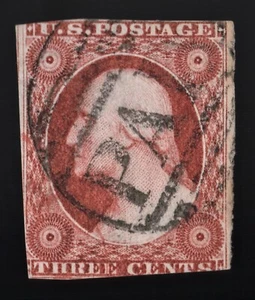 1857 US Briefmarke Scott #10 ausgefallener Stempel rot 3 Cent 3c Washington Type II Impref #40 - Bild 1 von 2