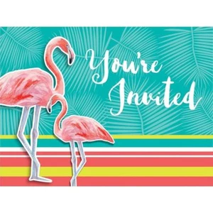 Island Oasis 8 Invitations with Envelopes Summer Luau Party Flamingos - Picture 1 of 1