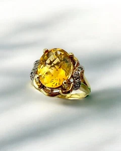 Bague vintage en or citrine et diamants, bijoux pierres précieuses naturelles, luxe ancien - Photo 1 sur 9