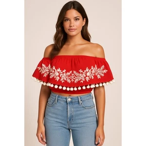 Show Me Your Mumu Teagan Pom Pom Crop Top Firecracker Red with White Embroidery - Picture 1 of 8