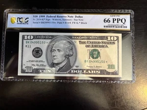 DBR 1999 $10 FRN Dallas STAR Gem Fr. 2034-K* PCGS-B 66 PPQ Serial BK04995150* - Picture 1 of 2