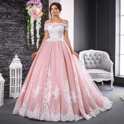 Pink and White Wedding Dress Lace Applique Boat Neck Off Shoulder Short Sleeves - Image 1 of 4