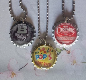 Soda Pop Necklace Unisex 3 Handmade Bottle Cap Necklaces 24" Chains- Bag #45 - Picture 1 of 11