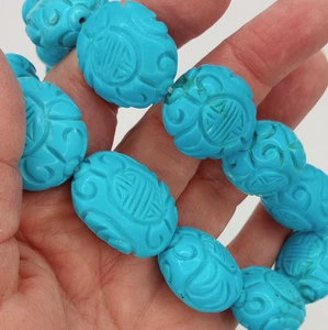 Carved Turquoise Shou Bead Longevity Chinese Necklace 207gtw - Picture 1 of 8