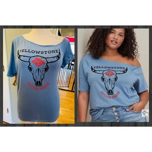 Torrid Yellowstone Dutton Ranch Off Shoulder Blue Graphic Tee T Shirt 1X New - Picture 1 of 1