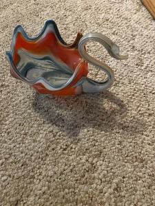 Vintage Blown Glass Green & Orange Swirled Swan Centerpiece Bowl - Picture 1 of 5