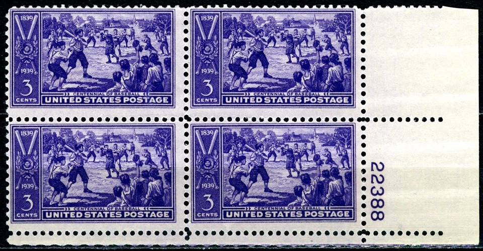 SC# 855 - 1939 - 3¢ Baseball Centennial - Mint Hinged Plate Block of 4 - Image 1 of 1