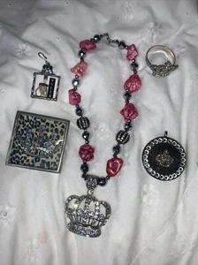 5 pc Crown Rhinestone and stone jewelry lot belt buckle necklace pendant blingy - Picture 1 of 19