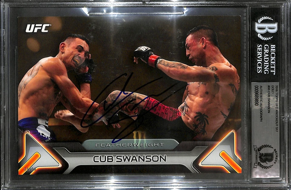 Tarjeta dorada 5x7 Topps Knockout firmada por Cub Swanson UFC 2016 #98 BAS Beckett certificado de autenticidad/10 Foto 1 de 4