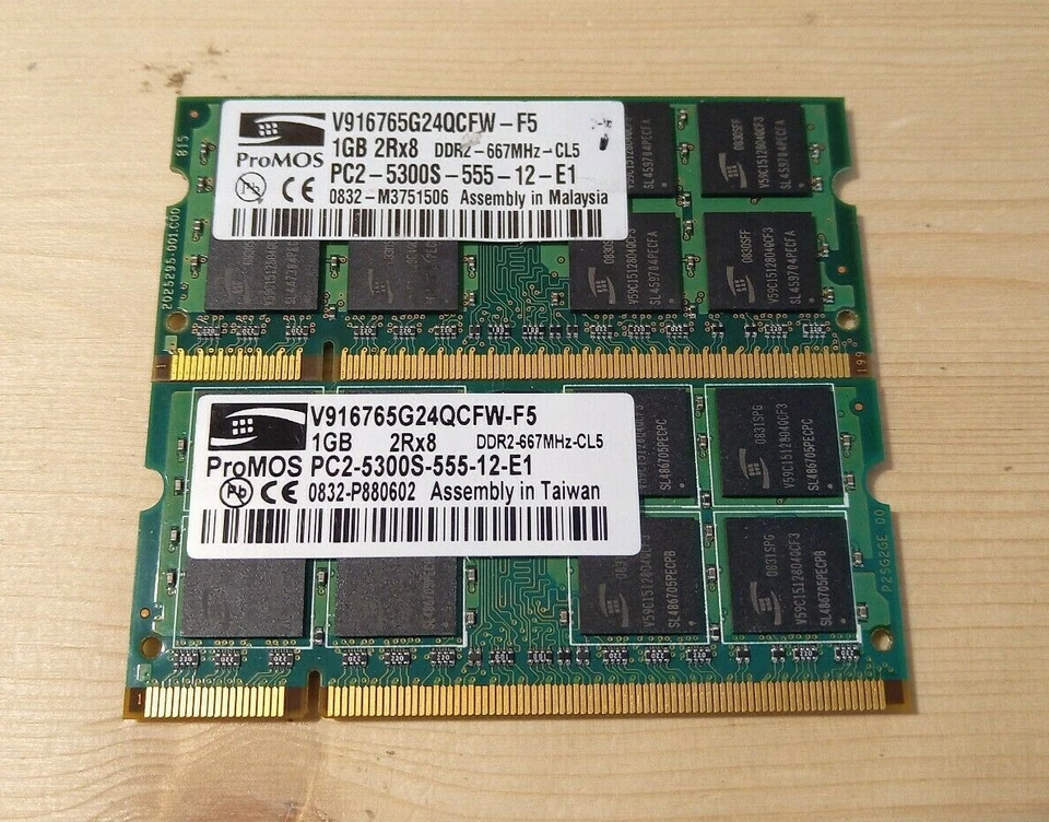 Mémoire Pc Portable 2Go (2 x1Go) DDR2 SODIMM PROMOS PC2 5300 V916765G24QCFW-F5 - Photo 1/1