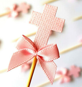 Christening Baptism Communion Pink Cross Cupcake Toppers w Pink Ribbon 12 PIECES