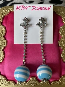 Betsey Johnson Anchors Away Light Blue White Striped Lucite Ball Anchor Earrings - Picture 1 of 2
