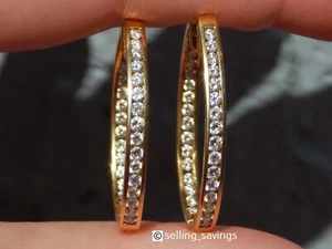 18K YELLOW GOLD 1.50 TCW DIAMOND INSIDE OUTSIDE 1.3 INCH LEVERBACK HOOP EARRINGS - Picture 1 of 9