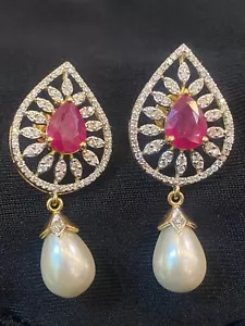 Pave 16.24 Cts Round Brilliant Diamonds Ruby Pearl Dangle Earrings In 18K Gold - Picture 1 of 12