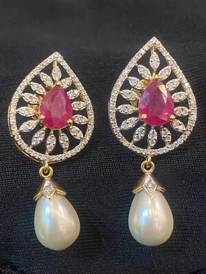 Pave 16.24 Cts Round Brilliant Diamonds Ruby Pearl Dangle Earrings In 18K Gold - Image 1 of 4