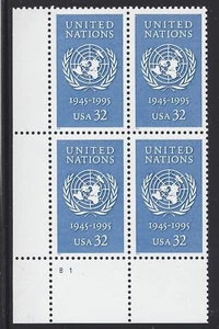 Sc # 2974 ~ Plate # Block ~ 32 cent United Nations 50th Anniversary Issue (ci19) - Picture 1 of 1