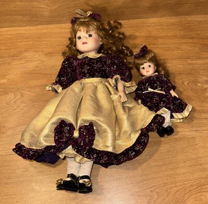 Porcelain Doll The Brass Key 16" Gold & Purple Faux Velvet Bow Pattern - Picture 1 of 14