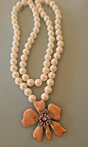 Marbleized Enamel Flower Pendant Large Pearls Womens Necklace Jewelry 14" Neck - Picture 1 of 5