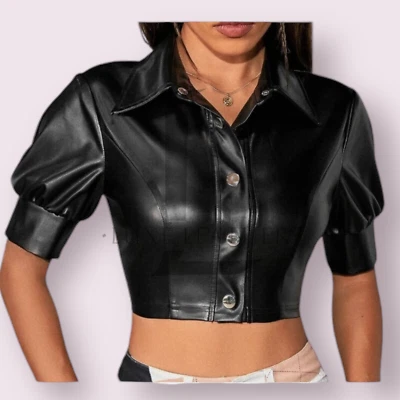 Women's Black Genuine Lambskin Leather Shirt Button-down Collared Style Shirt - Image 1 of 3