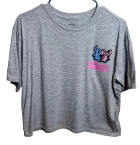Disney Stitch & Angel Gray Cropped T-Shirt Juniors L Lilo & Stitch Graphic Tee - Picture 1 of 9