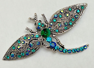Vintage Dragonfly Insect Bug Brooch Pin Aqua Blue Green Crystal Glass Rhinestone