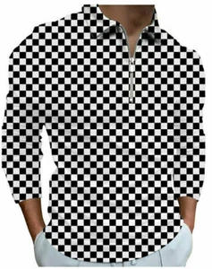 Camisa Polo Hombres Cremallera Cuello Cuadros Negro Blanco Manga Larga Cuadros Camiseta - Imagen 1 de 1