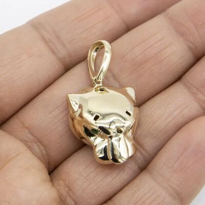 Colgante Cabeza de Pantera Brillante de 1 3/8" con Ojos Verdes Oro Amarillo Sólido Real 14K Foto 1 de 4
