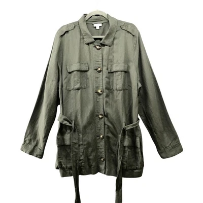 J. Jill Linen Blend Utility Jacket Womens XL Olive Green Tie Waist Military - Image 1 of 4