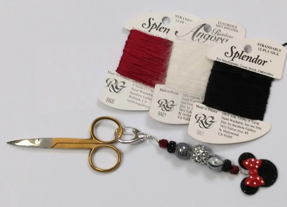 Minnie Mouse Red Black Silver Rhinestone Fob & Vtg Gold Plate Embroidery Scissor - Image 1 of 1
