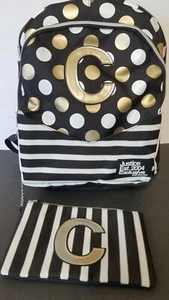 Justice Backpack & Wristlet Set Initial C Black Stripe & Dot 2 Piece Set NWT - Picture 1 of 9