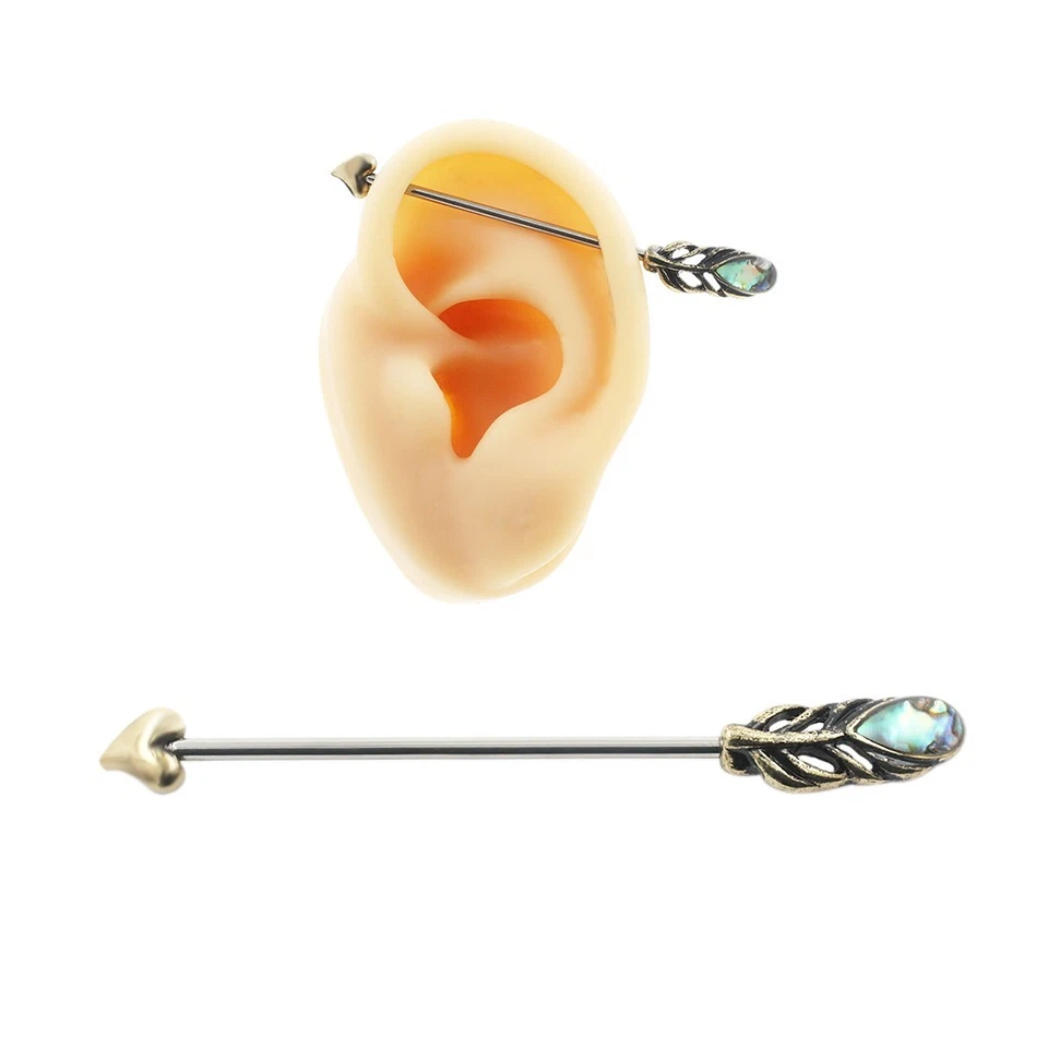 14G Stainless Steel Heart Feather Industrial Barbell Ear Piercing Body Jewelry - Image 1 of 4