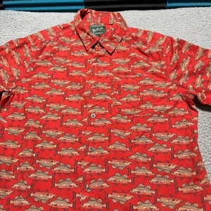 Vintage Woolrich Hawaiian Shirt Mens XL Red AOP Fish Resort Cruise Wear Casual - Picture 1 of 7