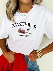 Damen T-Shirt Gitarre NASHVILLE Musik Stadt Print Rundhalsausschnitt Tee - Bild 1 von 7