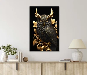 Elegant Black and Gold Owl, Black Surface 40x60cm Canvas or Metal Print Wall Art - Bild 1 von 4