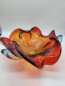 Murano Glass Orange Dish Cigar Ashtray 3 1/4 X 8 1/2 Edges Glow Handblown - Picture 1 of 4