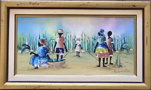 Signed Ambroise Domec Haitian Sugarcane Field Landscape Folk Art Painting Haiti - Picture 1 of 3