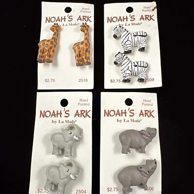 Vintage Animal Buttons GIRAFFE, ZEBRA, ELEPHANT, HIPPO  Noah's Ark Lot of 4 sets - Image 1 of 4