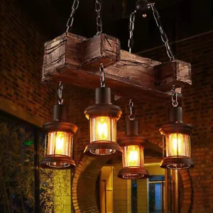 Retro 4-Lampe Rustikale Hängelampe Deckenlampe, Kronleuchter Holz Hängelampe 🔥 - Bild 1 von 17