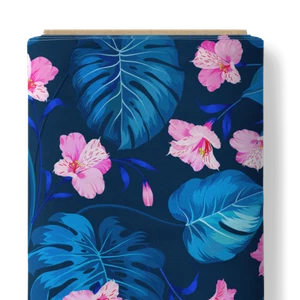 IMPRESIÓN DIGITAL FLORES ROSA HOJAS AZULES 100% ALGODÓN TELA por medio metro - Imagen 1 de 2