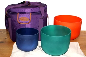 Topfund Set of 3 Crystal Singing Bowls, Orange, Green Blue, 10" 8" 6" - Picture 1 of 7