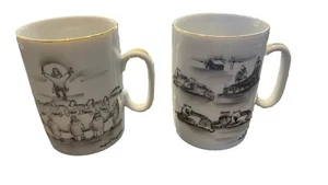 Robert Mayokok Pair Of Native Alaskan MC Eskimo Mugs BLANKET TOSS & DOG SLEDS - Picture 1 of 8