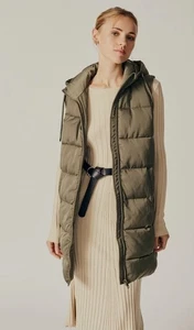 New Deluc  Size Small Sambucus Puffer Vest Gilet Army Green Satin Hooded Midi - Picture 1 of 13